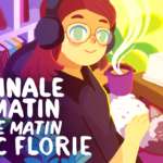 Dessin de Florie tenant une tasse de thé fumante dans la main avec un chat siamois sur les genoux, un micro devant elle, des lunettes et un casque ausio sur les oreilles. Texte "La Matinale du Matin Tôt le Matin avec Florie" en gras blanc.